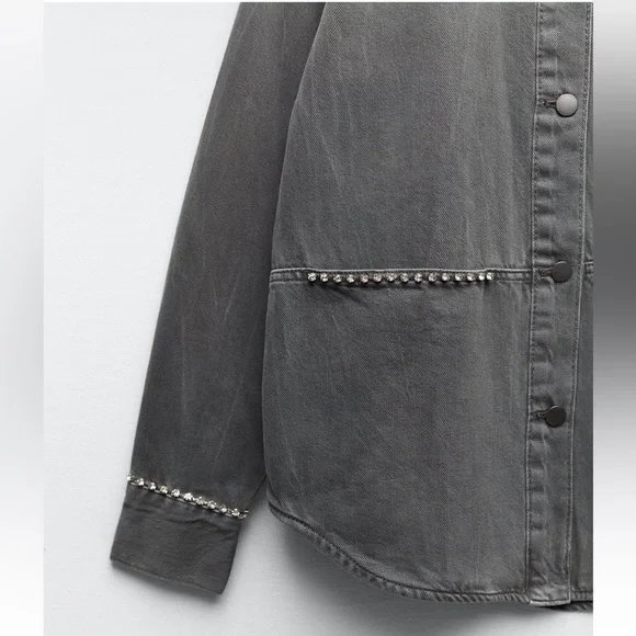 Women Zara Rhinestone Denim Overshirt Size XS - Picture 10 of 11